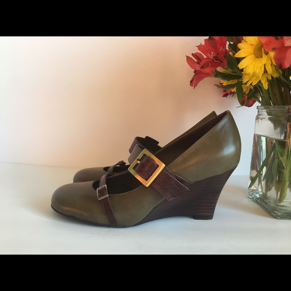 Chocolat Blu Olive and Brown Double-Strap Wedge Pumps with Gold Buckles